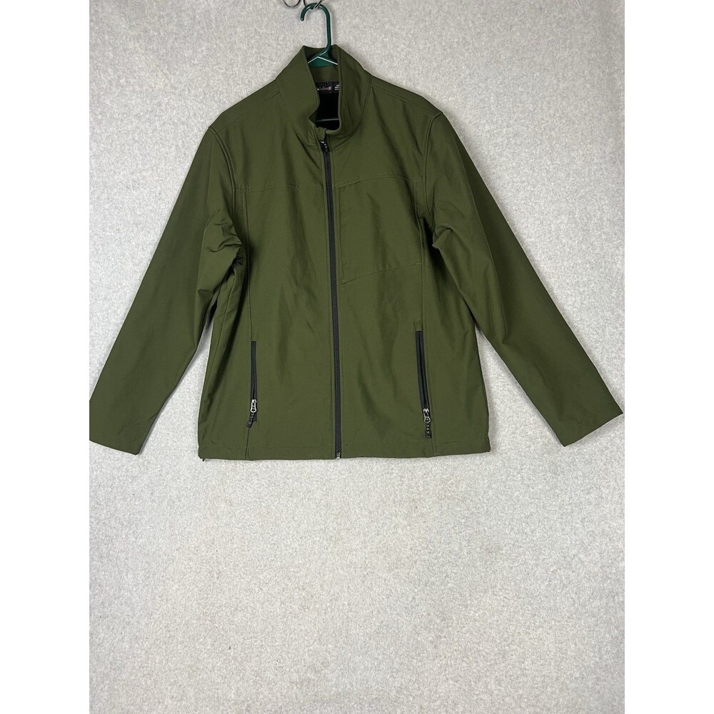 Swiss Tech Jacket Mens Large Mossy Green Mock Neck Full Zip Pockets Long Sleeve